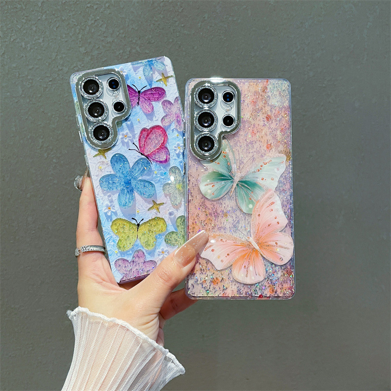 Glitter Shockproof Case - Luxe olieverfschilderij bloemen vlinder print glitter